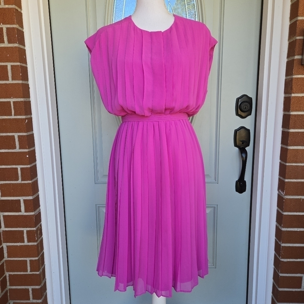 J Crew Collection Blouson Dress Wild Peony Pink Cap Sleeve Pleated Plisse